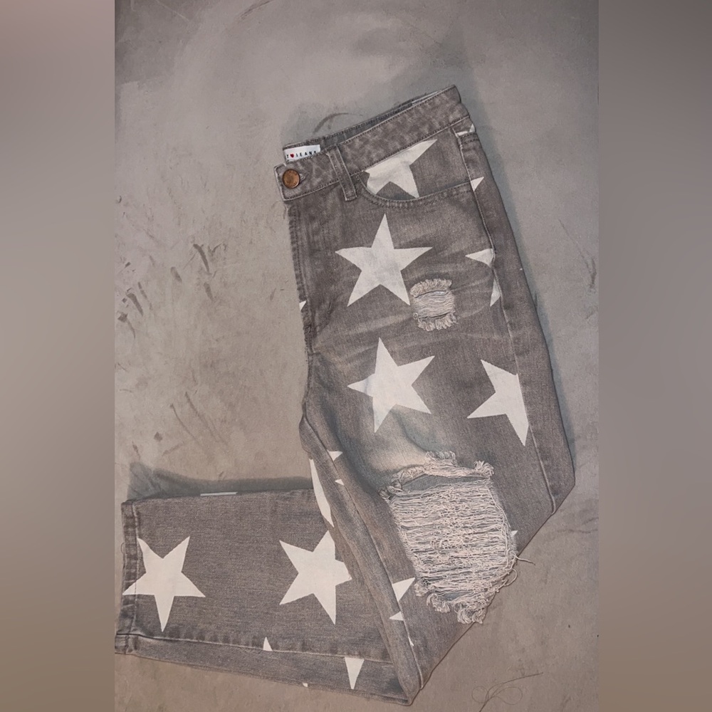 Toast Jeans Womens Small Gray Cotton Blend Star Print Distressed Straight Leg